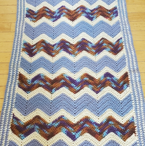 Handmade Crochet Chevron Lap Blanket Sofa Chair Throw Afghan Blue White 23"X77" - Picture 4 of 8